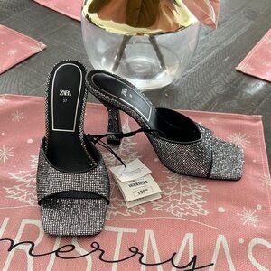 Zara Women's Silver Glitter Heeled Mules